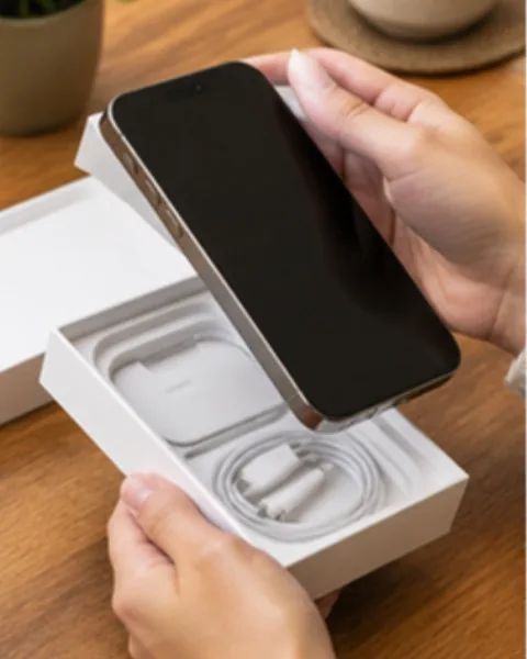 Mãos abrindo a caixa de um celular novo