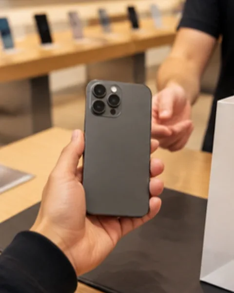 Cliente recebendo o celular novo no balcão